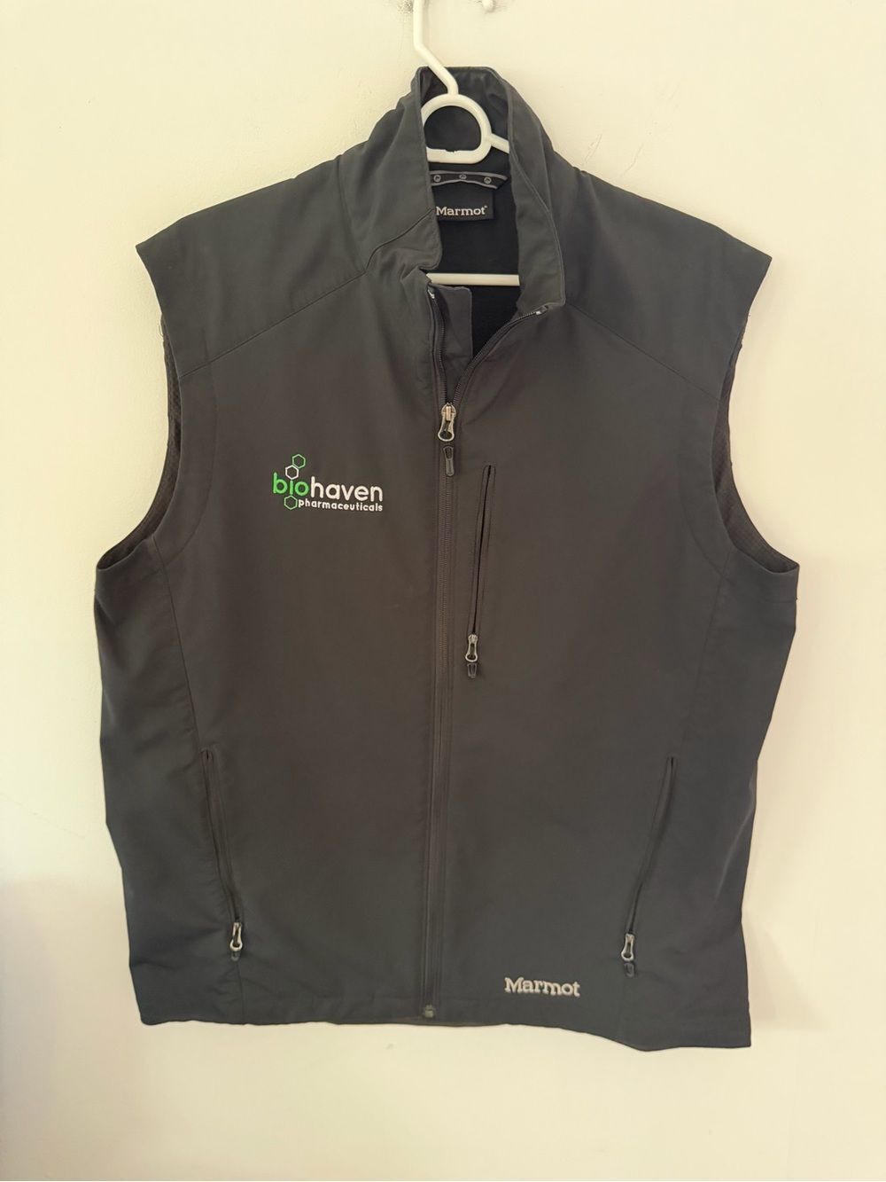 Marmot Black Softshell Vest with Green Biohaven Logo